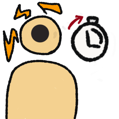 a featureless, emoji yellow person with a 'full stop' dot on their head, electric zigzags coming from their upper head, and a stopwatch to the right of the person. there is a red arrow above the stopwatch, indicating time is moving forward.